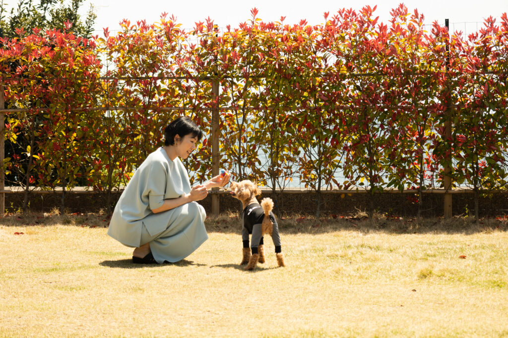 プレミアムドッグリゾート ヴィラマキノの約120㎡の天然芝ドッグランで愛犬と過ごす様子